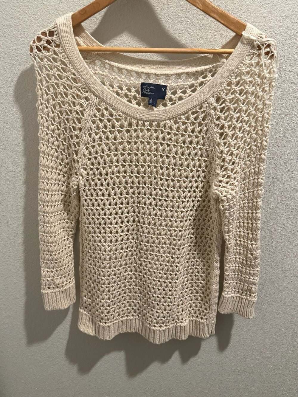 American Eagle Outfitters Cream Open Knit Crochet Fisherman Pullover Sweater - Picture 1 of 11